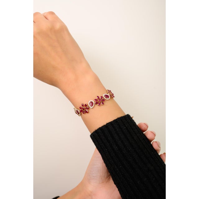 Ruby Red 12.37 CTW Pear Cut Floral Pure Red Ruby & Diamond Bracelet in 14k Yellow Gold For Sale - Image 8 of 13