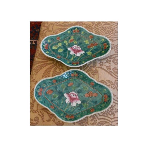 A pair of Chinese late 19th or early 20th century, Republic of China oblong tazzas . Wonderful shades of greens in leafage...