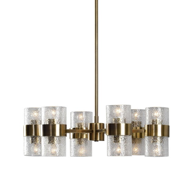 Antique Brass Finish Chandelier Has A Strong Deco Influence In The Design Featuring Thick Textured Clear Glass Cylinder...