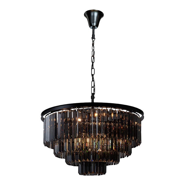 Aloadecor Modern Matte Black 4-Tier Round Fringe Chandelier With Smoke Crystal Accent For Sale