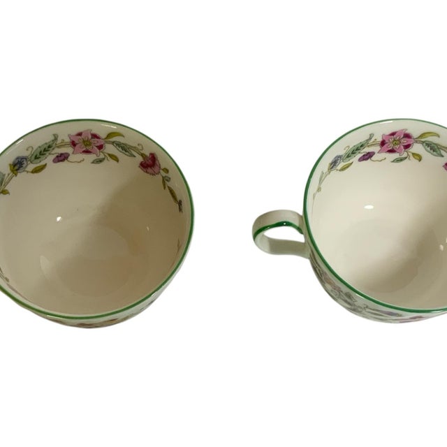 Vintage Minton Haddon Hall Pair Flat Cups Fine Bone China Green Trim Made in England 1948-2011. Each Cup Approx. 2 1/4"...