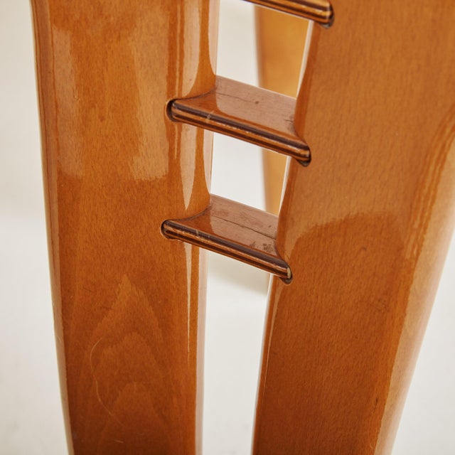 Mid-Century Modern Set of 4 Wood + Black Leather Dining Chairs Attributed to Pierre Cardin For Sale - Image 3 of 11