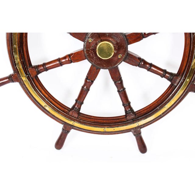 19th Century Teak & Brass 8-Spoke Ships Wheel For Sale - Image 3 of 8