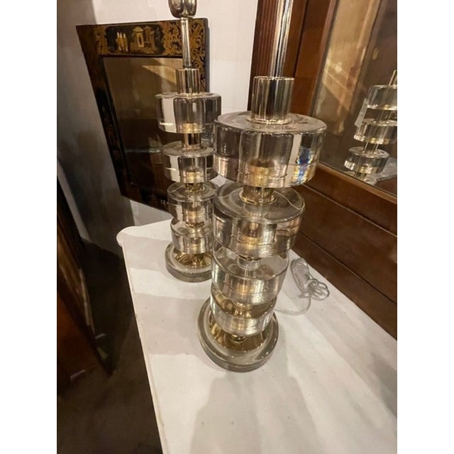 Pair of Murano Clear Glass and Brass Disc Lamps For Sale - Image 9 of 10