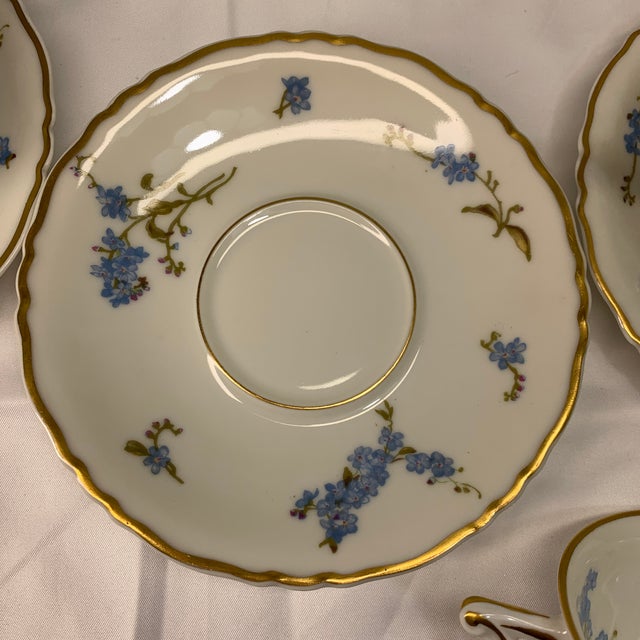Farmhouse Vintage Limoges Theodore Haviland Montmeri Petite Blue Flowers With Gold Accents Tea Cups With Saucers Set of 5 For Sale - Image 3 of 5