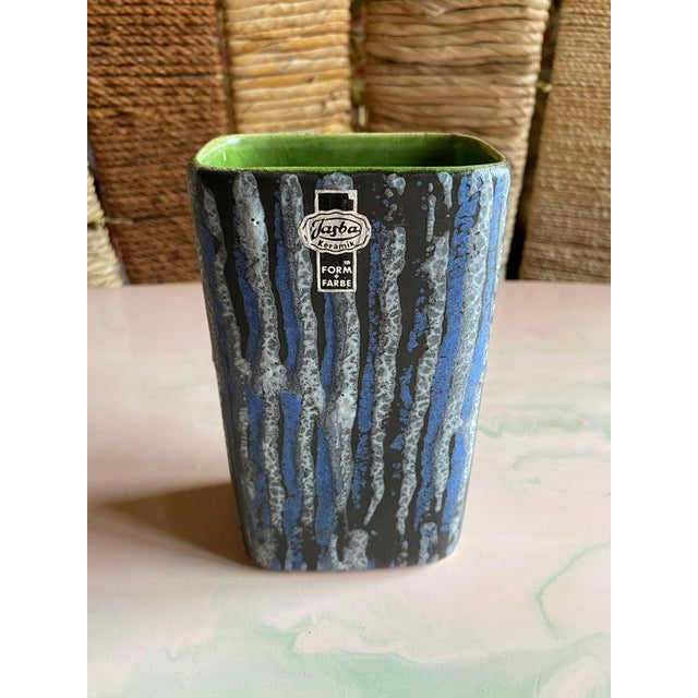 Mid-Century Modern Blue and White Striped Fat Lava Stoneware Vase from Jasba, 1960s For Sale - Image 3 of 13