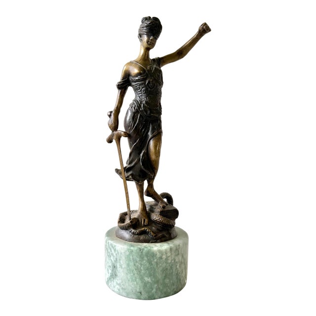 Art Deco Bronze Statue of Lady Justice Signed by Artist Alois Mayer and Mounted on a Green Marble Base. For Sale