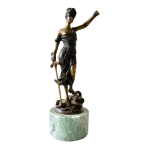 Art Deco Bronze Statue of Lady Justice Signed by Artist Alois Mayer and Mounted on a Green Marble Base.