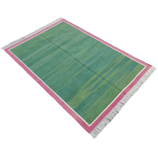 Handmade Cotton Area Rug Vegetable Dyed Green With Raspberry Pink Bordered Dhurrie - 8'x10' For Sale - Image 11 of 11
