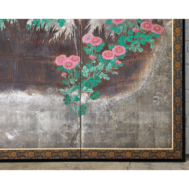 Wood Japanese Edo Screens Chrysanthemums Along Fence - a Pair For Sale - Image 7 of 13