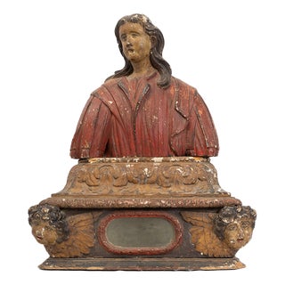 Antique Late 17th century Spanish Polychrome Wooden Reliquary Bust For Sale