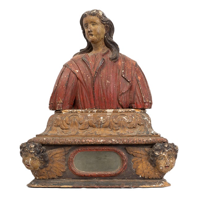 Antique Late 17th century Spanish Polychrome Wooden Reliquary Bust For Sale