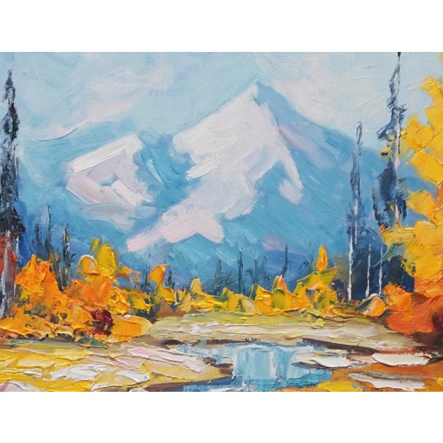 Original oil landscape by Sean Wu, Autumn colors in the mountains; the stream flows quietly in the sunlight.