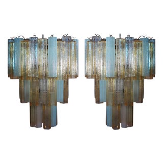 Large Three-Tier Murano Glass Tube Chandeliers, 1980s, Set of 2 For Sale