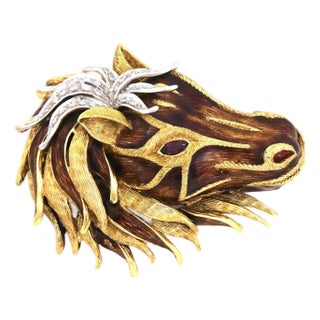 Large Diamond Ruby Enamel 18k Gold 3D Horse Head Brooch For Sale
