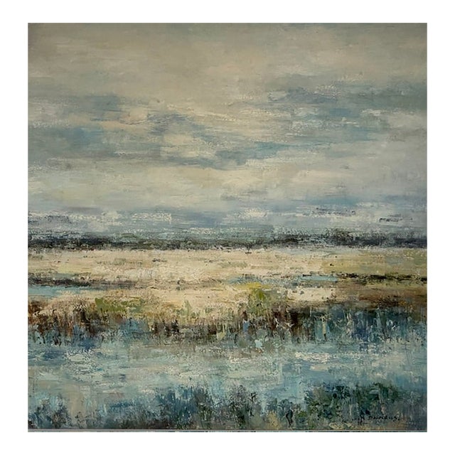 Neutral & Blue Coastal Wetlands Canvas - Original Acrylic Art For Sale