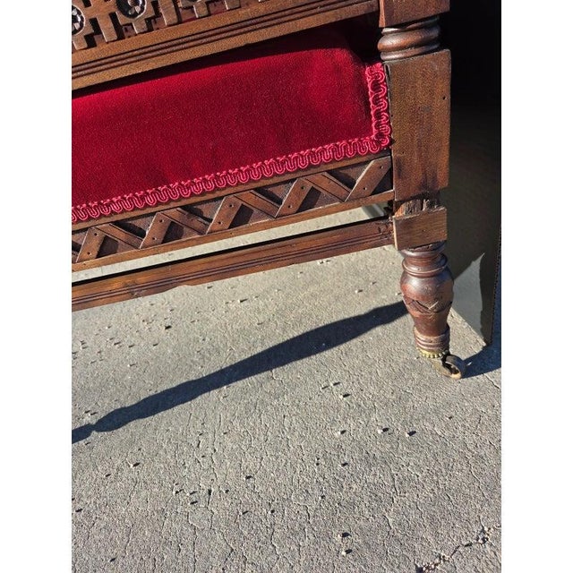 19th C Victorian Church Altar Bench Red Velvet Carved Wood 52" For Sale - Image 12 of 12