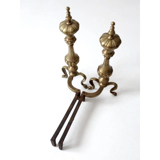 Brass Antique Brass and Cast Iron Fireplace Andirons For Sale - Image 8 of 12