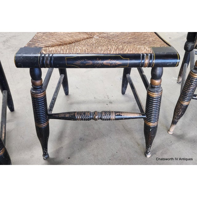 Set of 5 Antique 19th Century Black Stenciled L Hitchcock Country Dining Chairs For Sale - Image 14 of 17