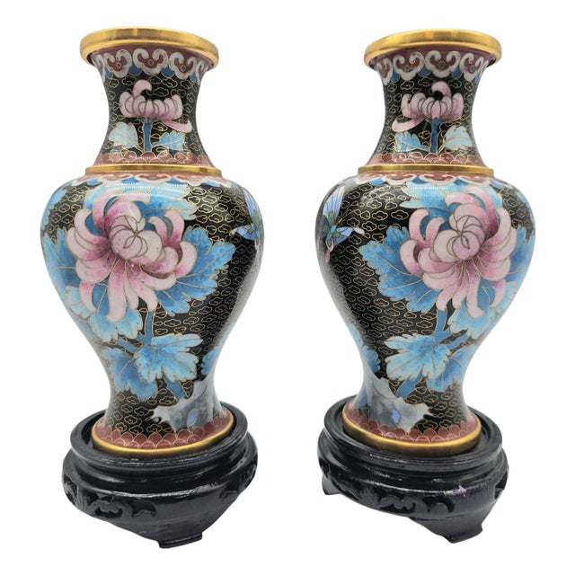 Jingfa Chinese Cloisonné Enamel Peony and Butterfly Vases on Wood Stands, Pair For Sale