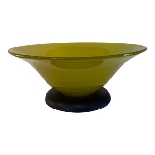 Vintage Mid-Century Mustard Yellow Art Glass Pedestal Bowl 12” Diameter For Sale