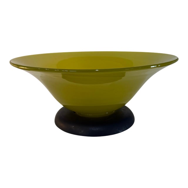 Vintage Mid-Century Mustard Yellow Art Glass Pedestal Bowl 12” Diameter For Sale