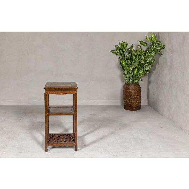 Wood Three-Tiered Accent Lamp Table with Cracked Ice Shelf and Horse Hoof Feet For Sale - Image 7 of 12