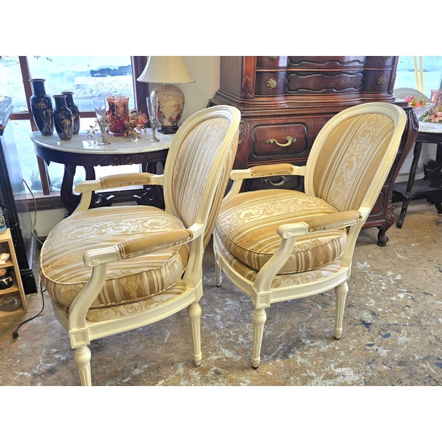 French Country Vintage Painted French Country Upholstered Arm Chairs a Pair For Sale - Image 3 of 11