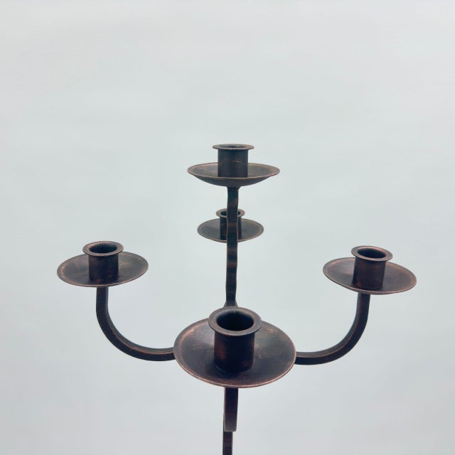 Gothic Hand Forged Wrought Iron Floor Candelabra 50″ (127cm) Antique Copper Patina 5-Arm Tiered Candle Holder Gothic Church Wedding Decor For Sale - Image 3 of 7