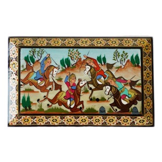 Hand-Painted Polo Riders Jewelry Box With Geometric Marquetry For Sale