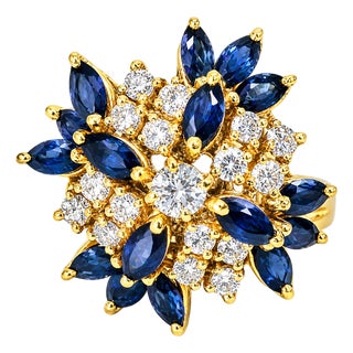 Late 20th Century 114K Gold Marquise Sapphire Diamond Kaleidoscope Cocktail Ring, Size 7 For Sale
