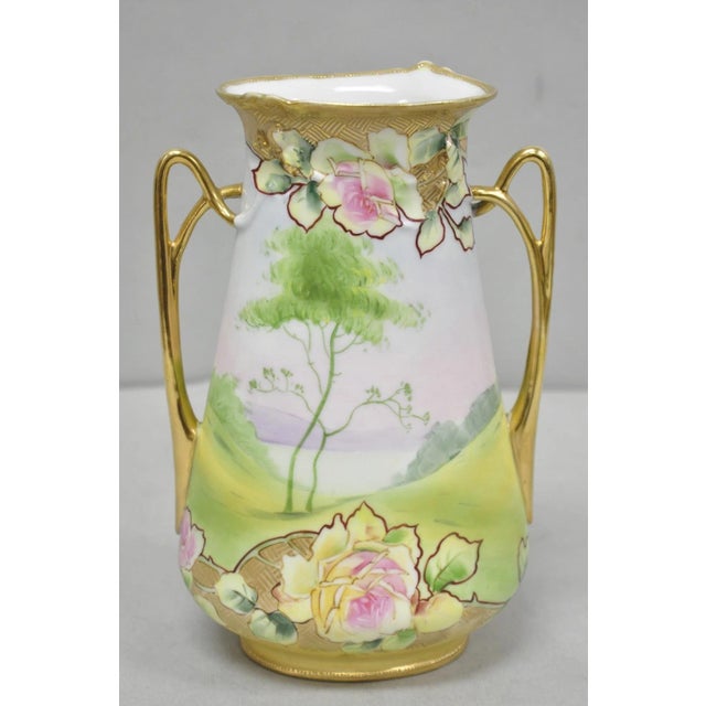 Pink Antique Nippon Hand Painted Porcelain Twin Handle Vase W /Flowers & Lake Scene For Sale - Image 8 of 15