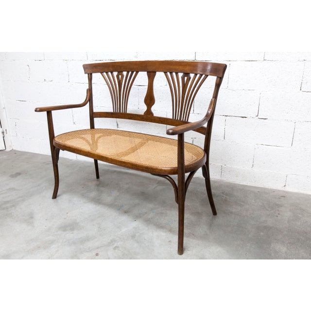 Hand-Caned Bentwood Bench from Fischel, 1930s For Sale - Image 3 of 18