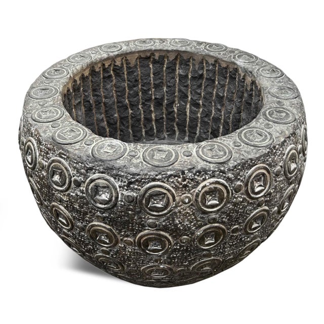 Beautiful hand carved granite stone planter pot. Covered in small good luck money coin pattern and has an attractive rich...