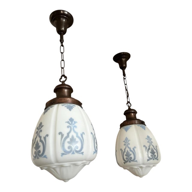 1910s Melon Shaped White SND Blue Damask Pattern Glass Fixtures on Original Payina Holders - a Pair For Sale