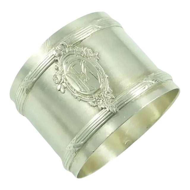 French Sterling Silver Napkin Ring, Antique Circa 1900, Cross Ribbons Motif, Monogrammed "Fm" For Sale