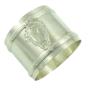 French Sterling Silver Napkin Ring, Antique Circa 1900, Cross Ribbons Motif, Monogrammed "Fm"