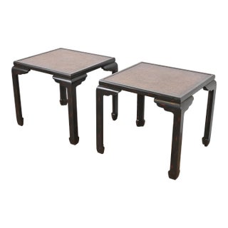 Baker Furniture Hollywood Regency Chinoiserie Black Lacquered Side Tables, Pair For Sale