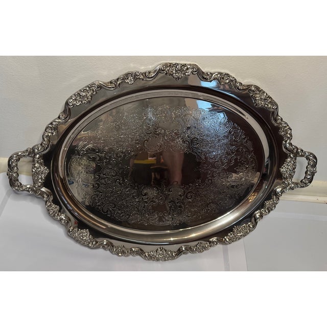 Silver Mid 20th Century Oversized Towle Silverplate Oval Serving Tray With Handles – Ornate Rococo Style, 30” For Sale - Image 8 of 12