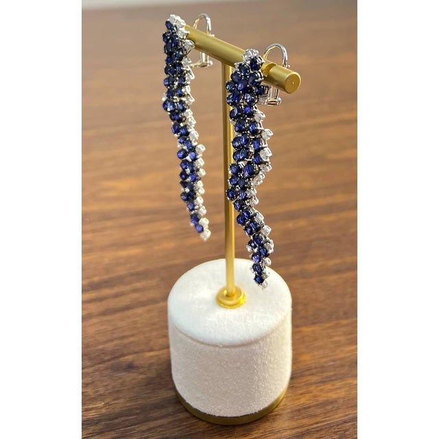 Blue Sapphire Cascade Wave Diamonds 18k White Gold Statement Fancy Earrings, A Pair For Sale - Image 10 of 12