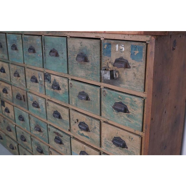Industrial Large Industrial French Painted Pine Hardware Store Cabinet, 1950s For Sale - Image 3 of 18