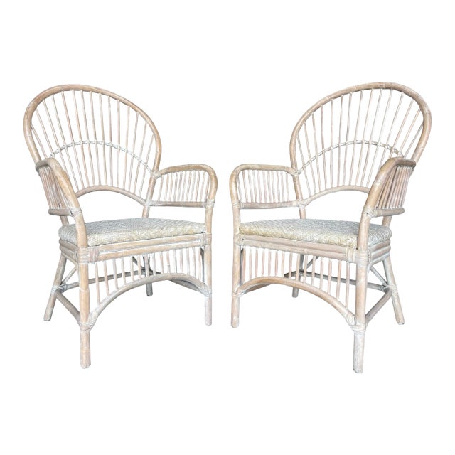 Vintage Coastal Rattan Fan Back Armchairs With Woven Seats, a Pair For Sale