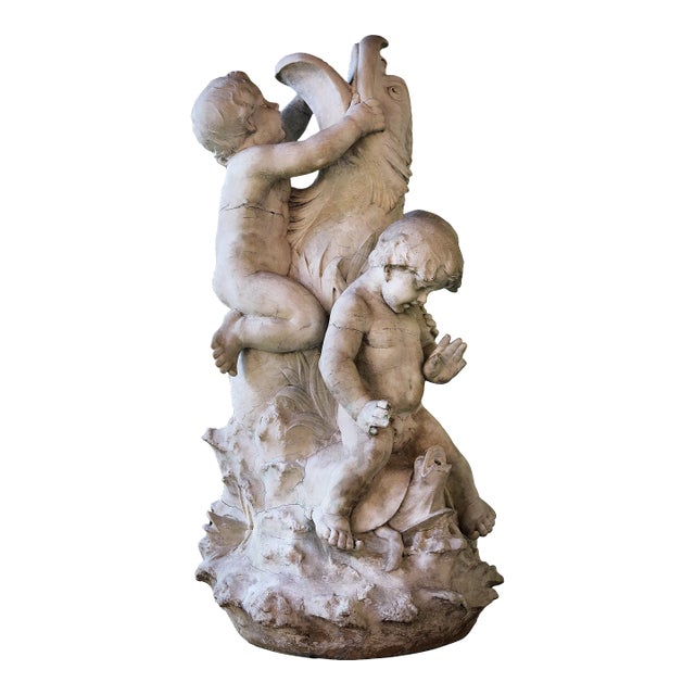 Antique Italian Carved Marble Fountain Depicting Putti Wrestling a Dolphin For Sale