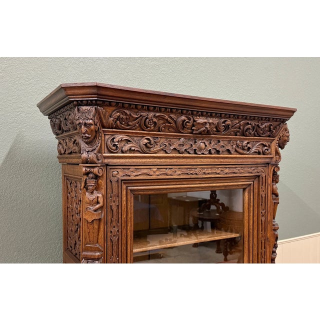 Antique French Renaissance Revival Bookcase Cabinet Side Doors Oak C. 1880s For Sale - Image 12 of 13