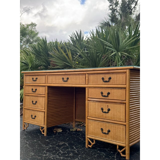 Vintage Coastal Bamboo & Rattan Campaign Desk in the Manner of Henry Link For Sale - Image 4 of 8