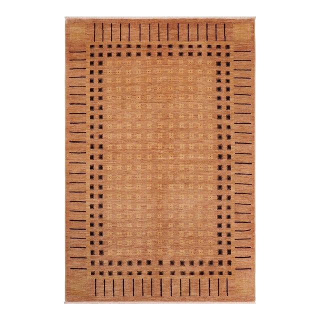 Boho Chic Ziegler Tan Black Hand-Knotted Wool Rug - 6'1'' X 8'8'' For Sale