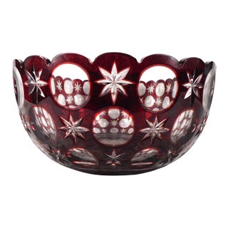 1950s Traditional Large Red Cut to Clear Bowl With Circles and Stars # 27277 For Sale