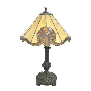 Antique Edwardian Ornate Cast Metal Lamp W/Stained Slag Glass Shade & Glass Finial For Sale