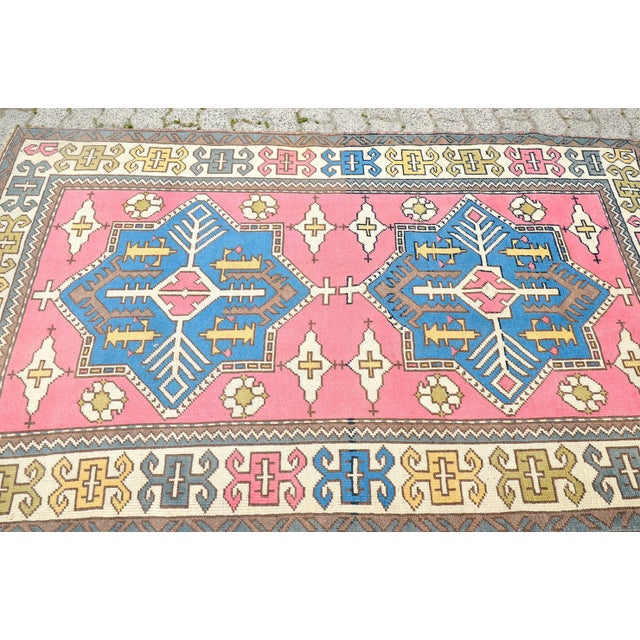 Vintage Pink and Blue Oushak Area Rug For Sale - Image 6 of 11