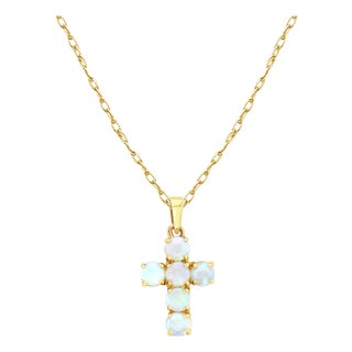 Small Dainty Round Opal Cross Necklace For Sale